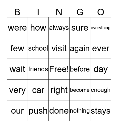 Sight Word Bingo Card