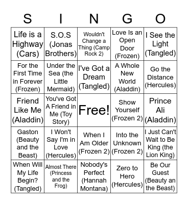 Disney SINGO!  Bingo Card