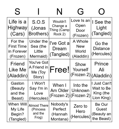 Disney SINGO!  Bingo Card