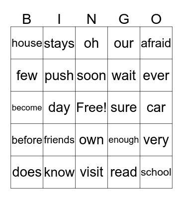 Sight Word Bingo Card