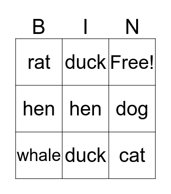 Animals Bingo Card