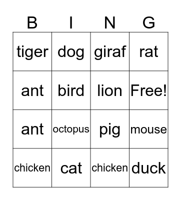 animals Bingo Card