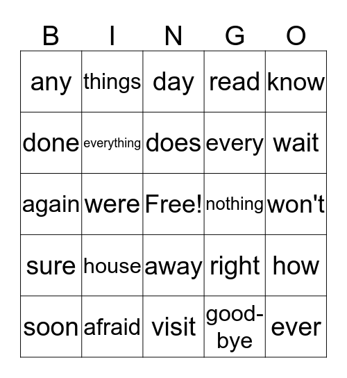 Sight Word Bingo Card