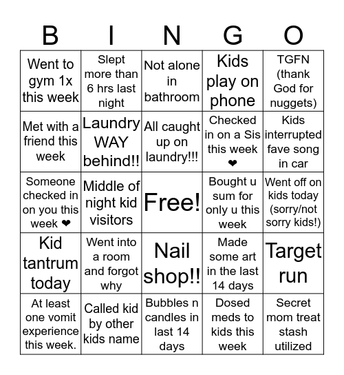 Mom Bingo  Bingo Card