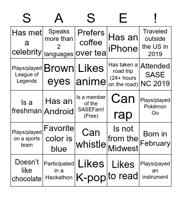 SASE MWRC 2020 Bingo Card