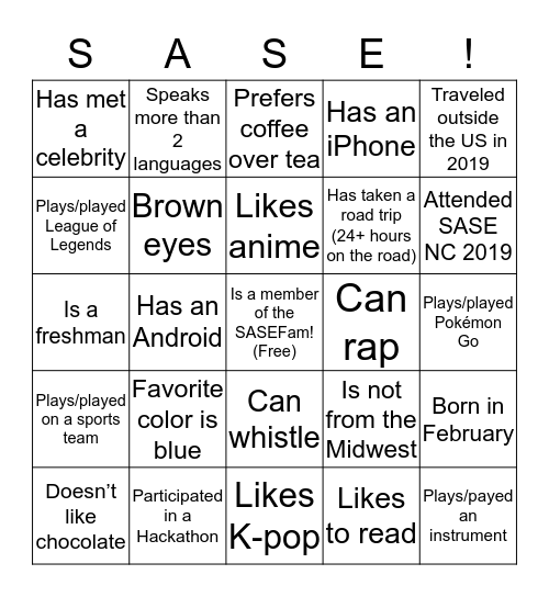 SASE MWRC 2020 Bingo Card