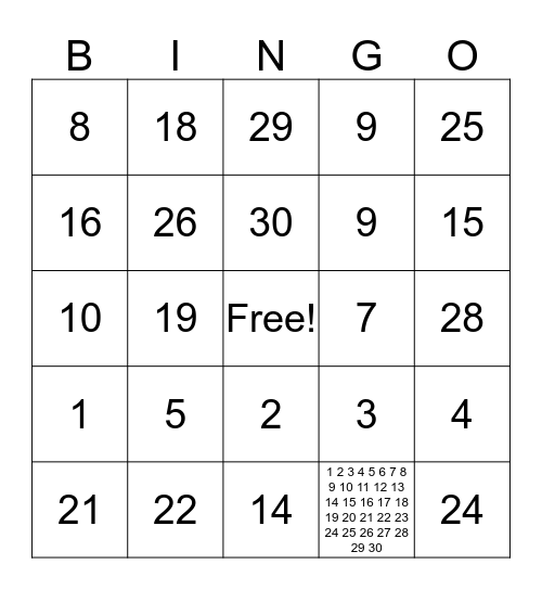 number bingo 1-30 Bingo Card