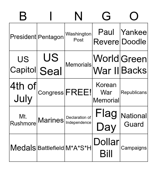 Independence Day Bingo!!! Bingo Card