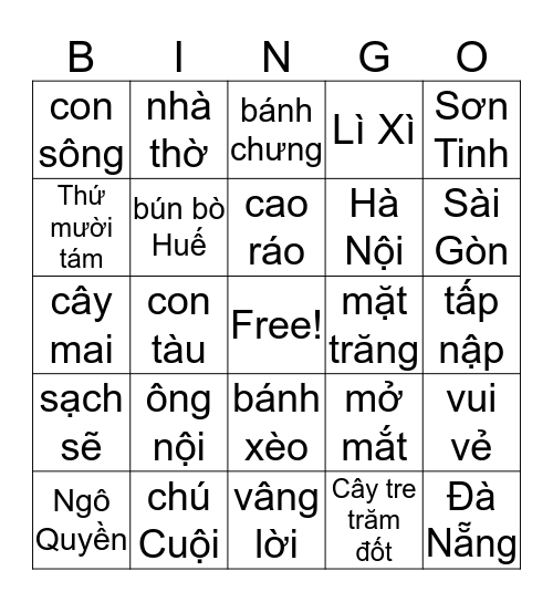Bingo Tiếng Việt Bingo Card