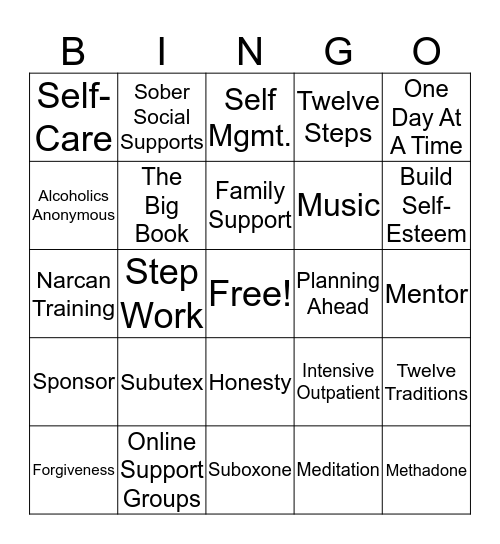 RECOVERY SUPPORTS Bingo Card