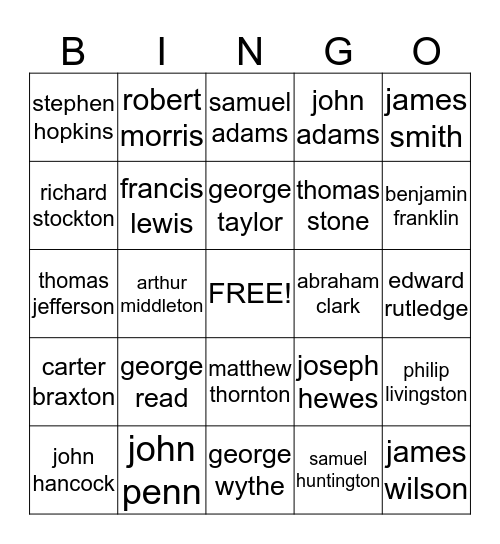 DECLARATION OF INDEPENDENCE  Bingo Card