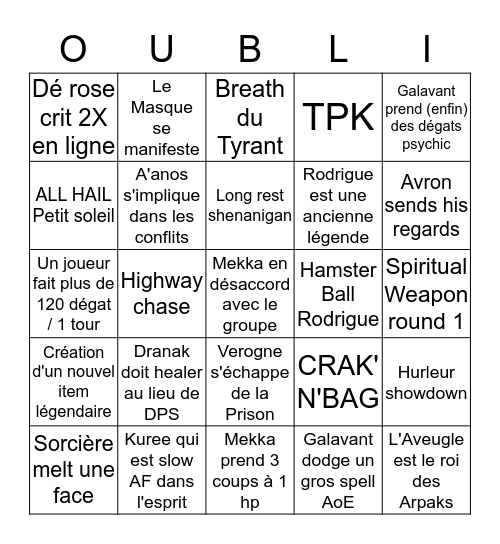 Les Havres de l'Oubli Bingo Card
