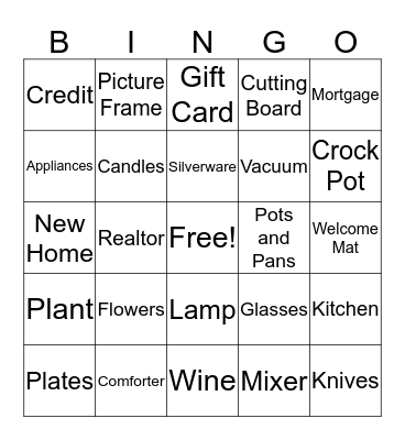 Quasha's Housewarming Bingo Card