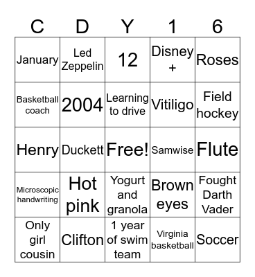 Caroline is 16! Bingo Card