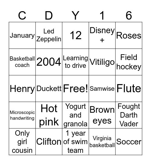 Caroline is 16! Bingo Card