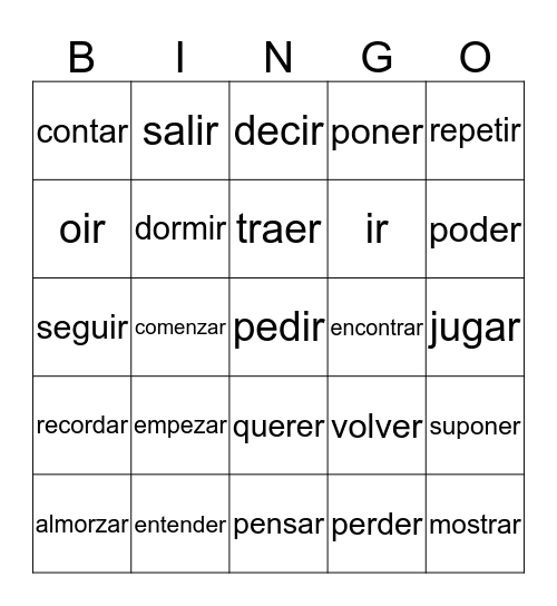 Stem-Changing Verbs Bingo Card