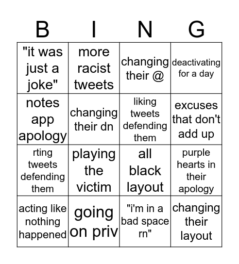 gcfknj apology bingo Card