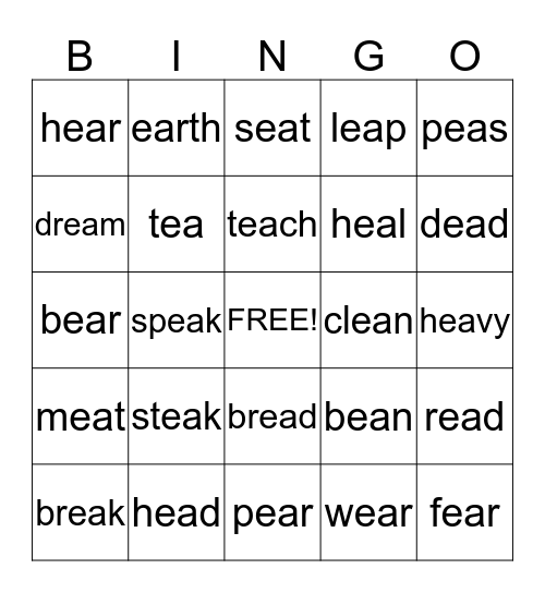 Words using ea Bingo Card