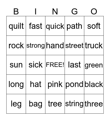 Spelling Words Bingo Card