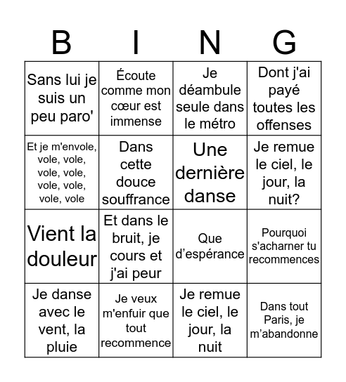 Lyric Bingo Card