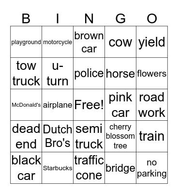 Road Trip Bingo Card