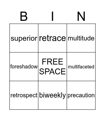 PREFIX BINGO- Teacher- Miss Giles -Form 3:1  Bingo Card