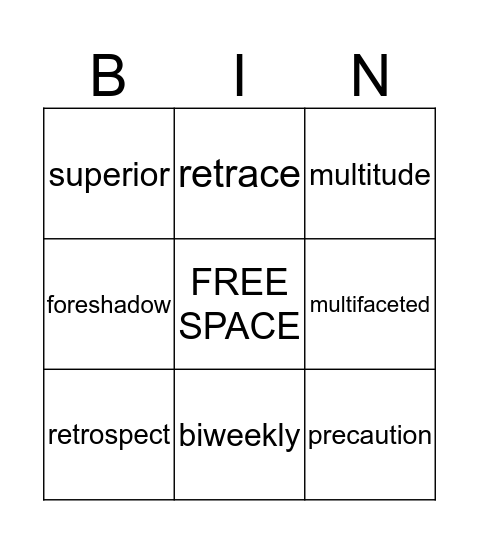 PREFIX BINGO- Teacher- Miss Giles -Form 3:1  Bingo Card