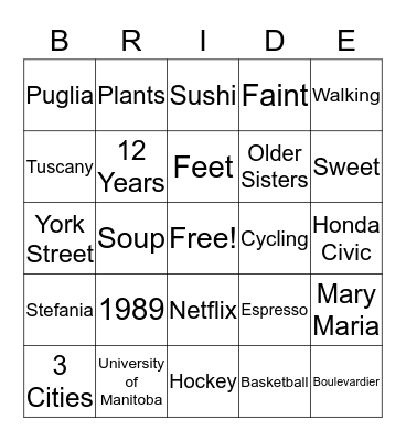 STEFANIA'S BRIDAL SHOWER Bingo Card