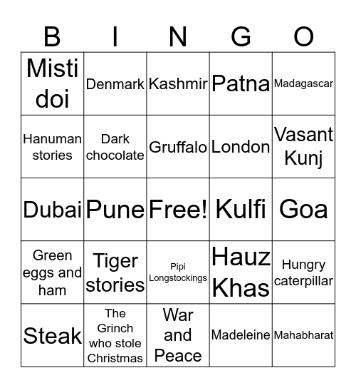 Nani's Favourite Places, Books & Food! Bingo Card