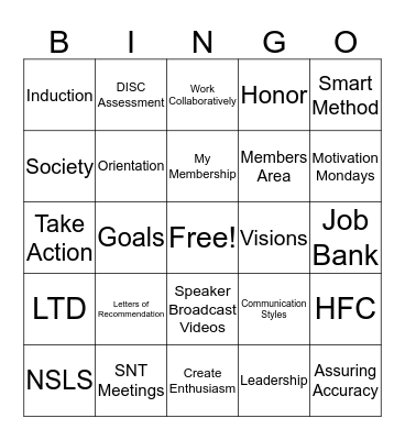 National Society of Leadership and Success Bingo Card