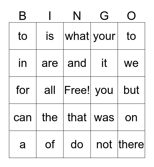 Sight Word Bingo Card