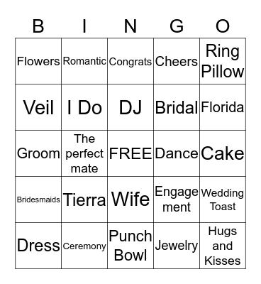 Sheryl's Bridal Bingo Card