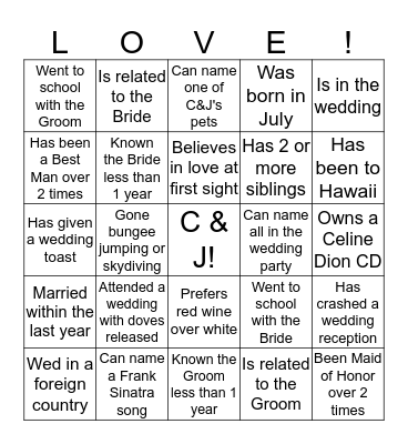 Wedding Shower Bingo Card