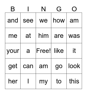 Sight Words Bingo Card