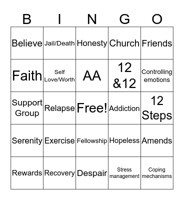 Recovery Bingo Card