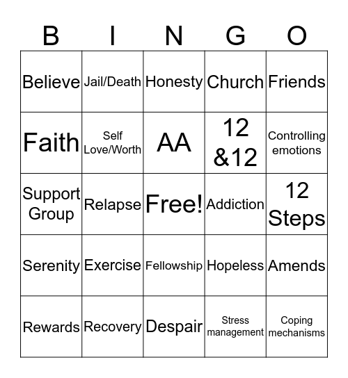 Recovery Bingo Card