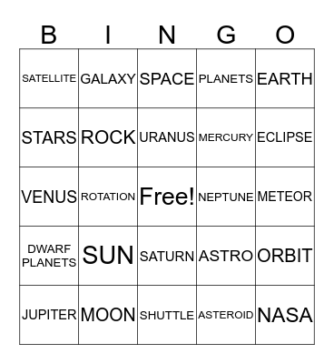 Solar System Bingo Card