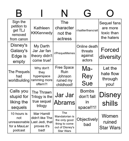 True Star Wars Fan Bingo Card