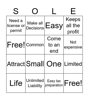 Sole Proprietorship Bingo Card