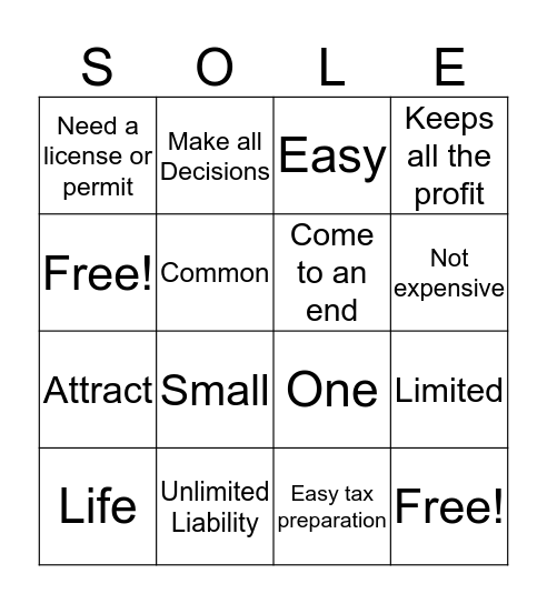 Sole Proprietorship Bingo Card