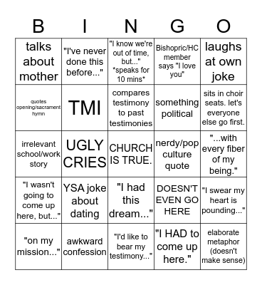 Testimony BINGO Card