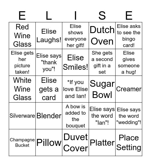 Elise Bingo!  Bingo Card