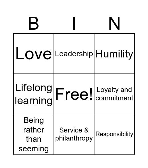 ZTA 9 Key Values Bingo Card