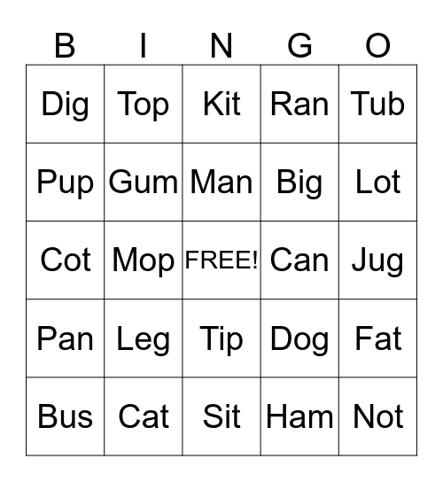 CVC words Bingo Card