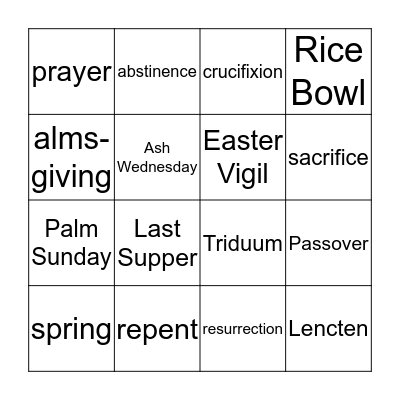 Lenten/Holy Week Bingo Card