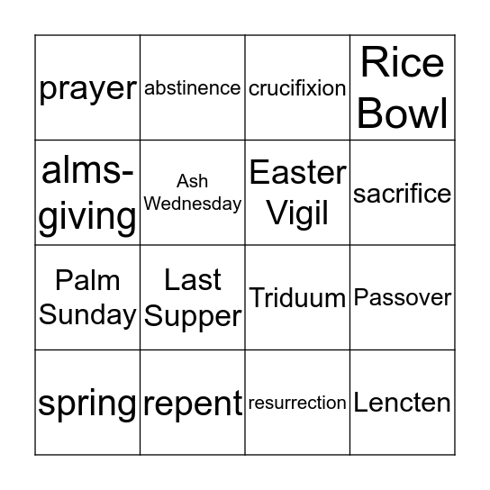 Lenten/Holy Week Bingo Card