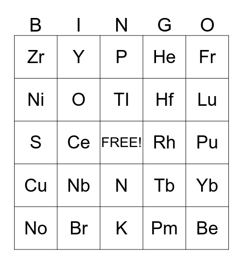 Elements Bingo Card