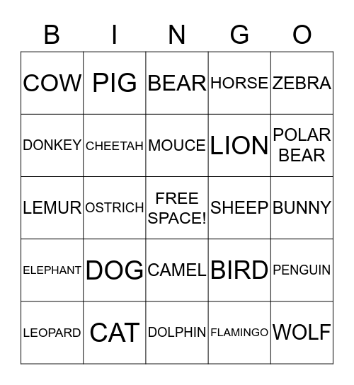 ANIMALS Bingo Card