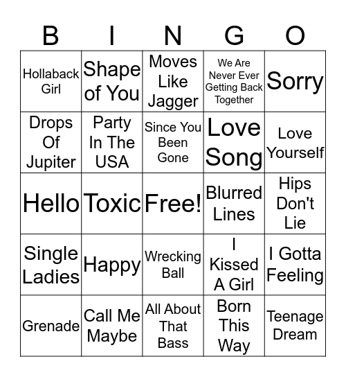 Music Bingo of 2000's  Bingo Card