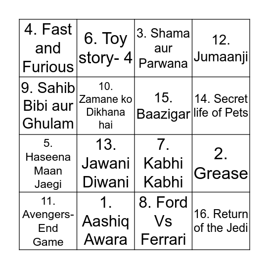 Movie Bingo  Bingo Card